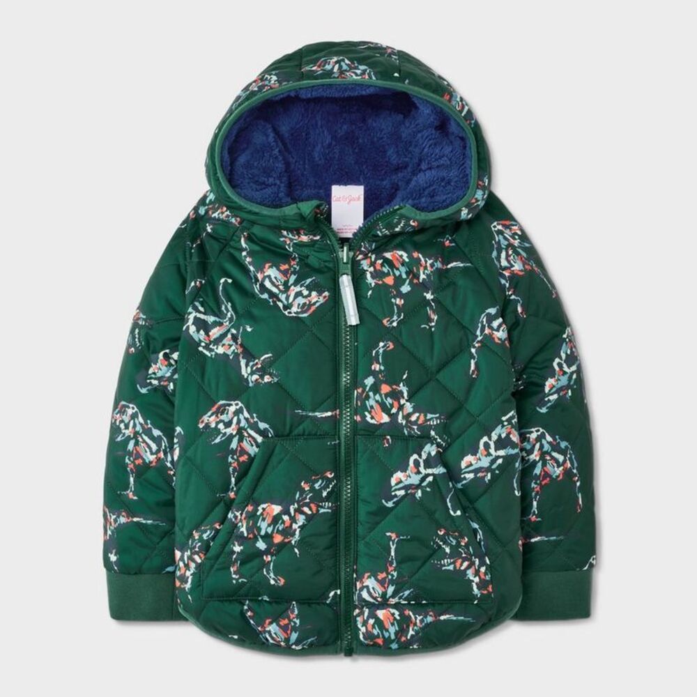 Toddler Boys' Dino Printed Quilted Reversible Puffer Jacket - Dark Green 12M